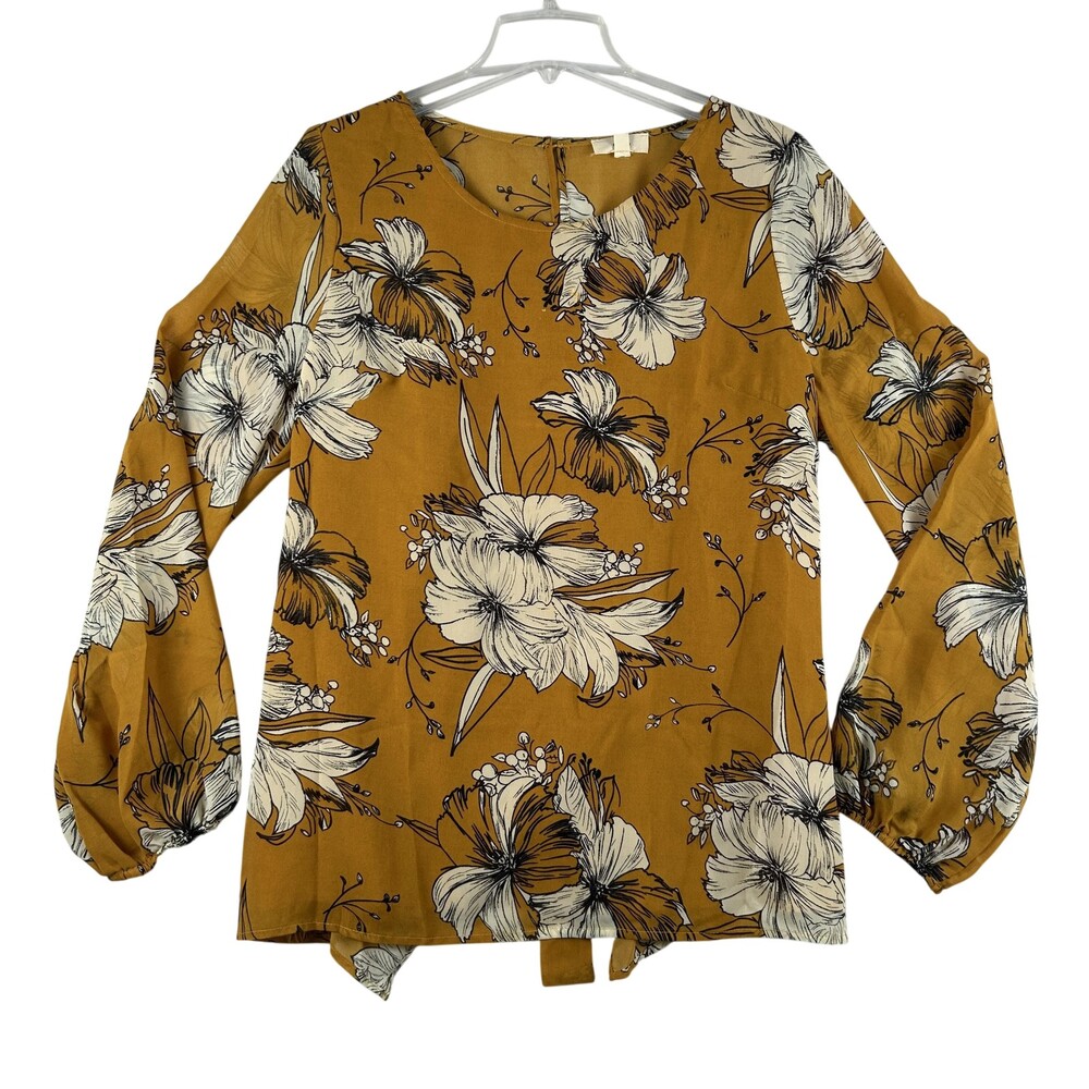 Entro Blouse Womens Large Yellow Floral Lace Back Tie Tunic Top Boho Long Sleeve